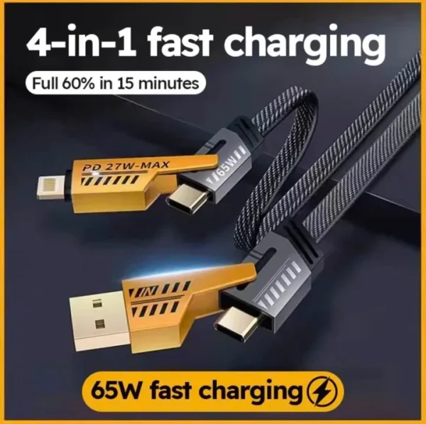 PakPearl 4-in-1 fast charging cable with Type-C, Lightning, and USB-A connectors on braided black cable
