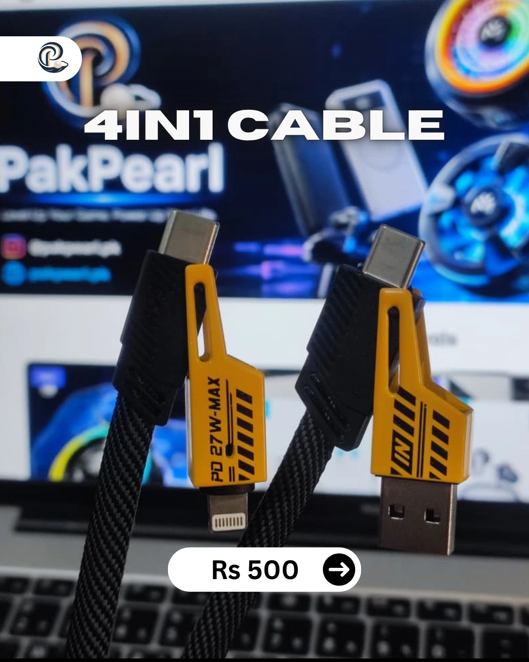 PakPearl 4-in-1 fast charging cable with Type-C, Lightning, and USB-A connectors on braided black cable
