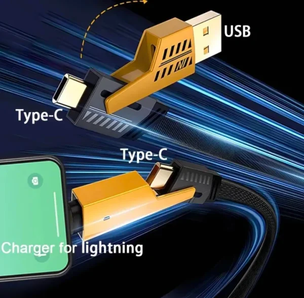 PakPearl 4-in-1 fast charging cable with Type-C, Lightning, and USB-A connectors on braided black cable