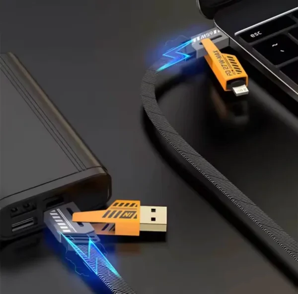 PakPearl 4-in-1 fast charging cable with Type-C, Lightning, and USB-A connectors on braided black cable