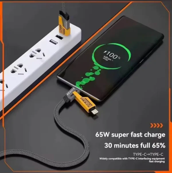 PakPearl 4-in-1 fast charging cable with Type-C, Lightning, and USB-A connectors on braided black cable