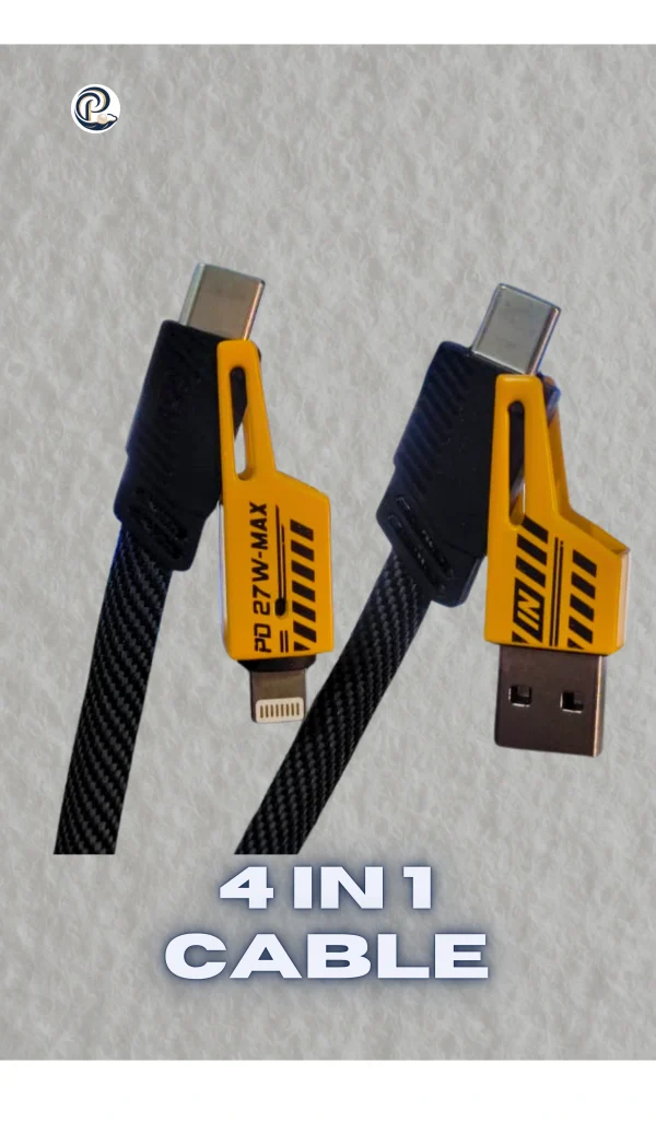 PakPearl 4-in-1 fast charging cable with Type-C, Lightning, and USB-A connectors on braided black cable